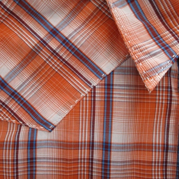 Wrangler Shirt Adult 2XL XXL Pearl Snap Orange Blue Tartan Plaid Men Button Down - Picture 5 of 15